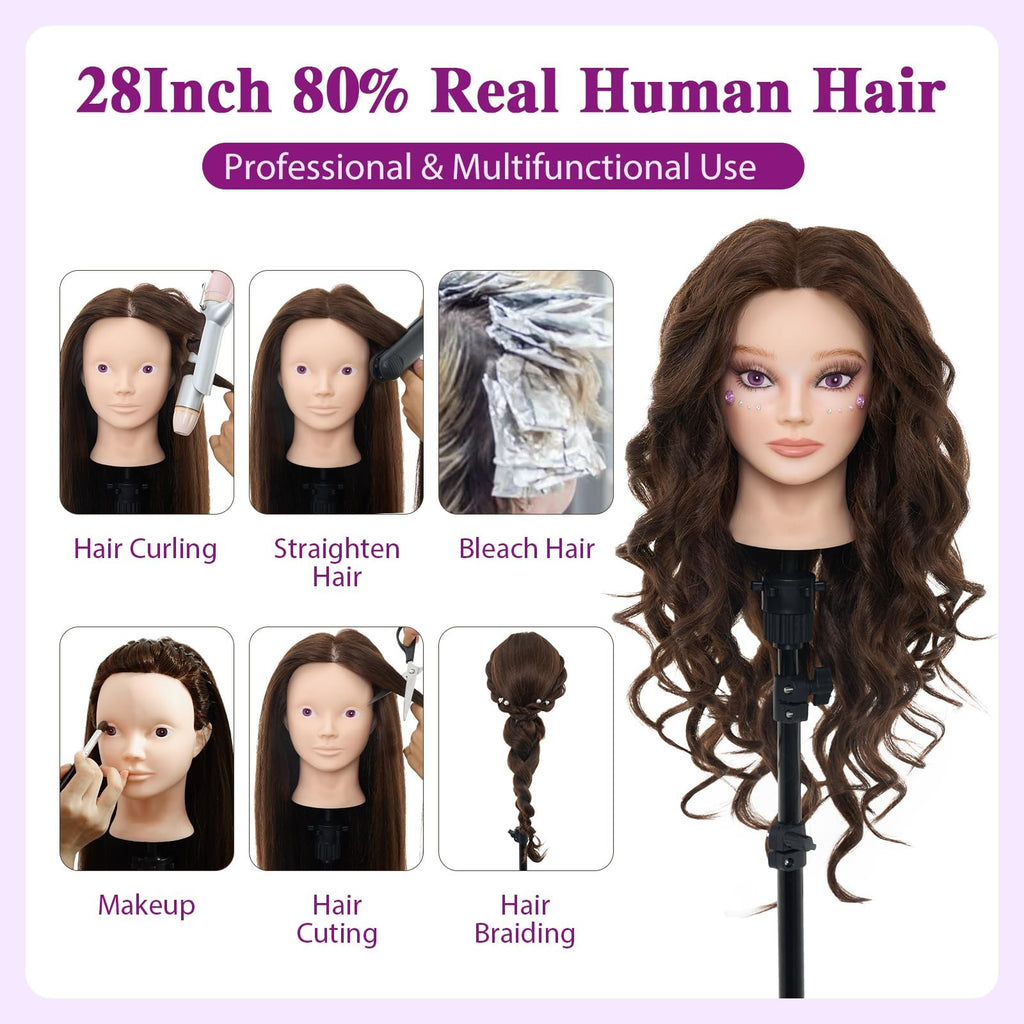 28 Inch Mannequin Head with 80% Human Hair for Hair Styling & Makeup Practice