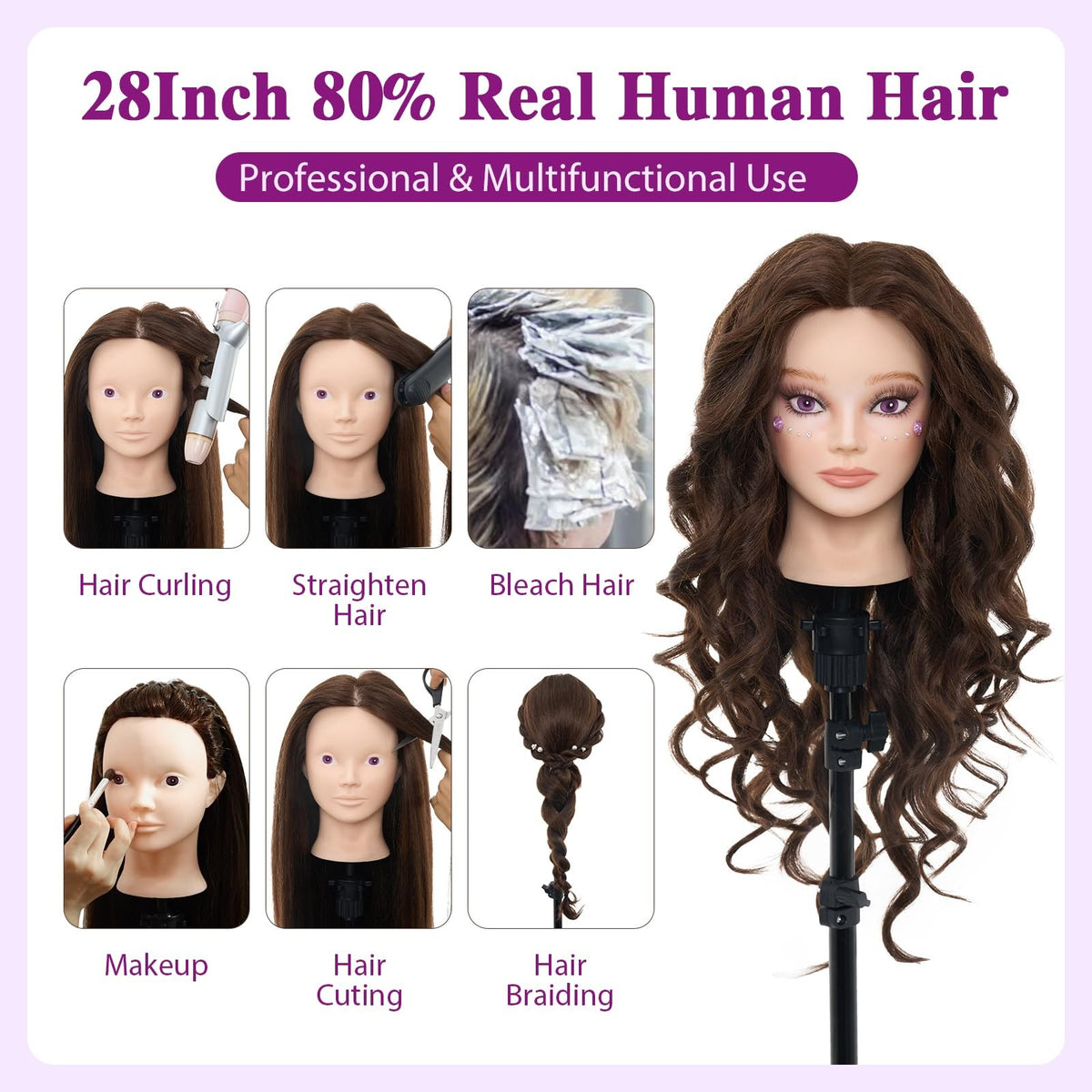 28 Inch Mannequin Head with 80% Human Hair for Hair Styling & Makeup Practice