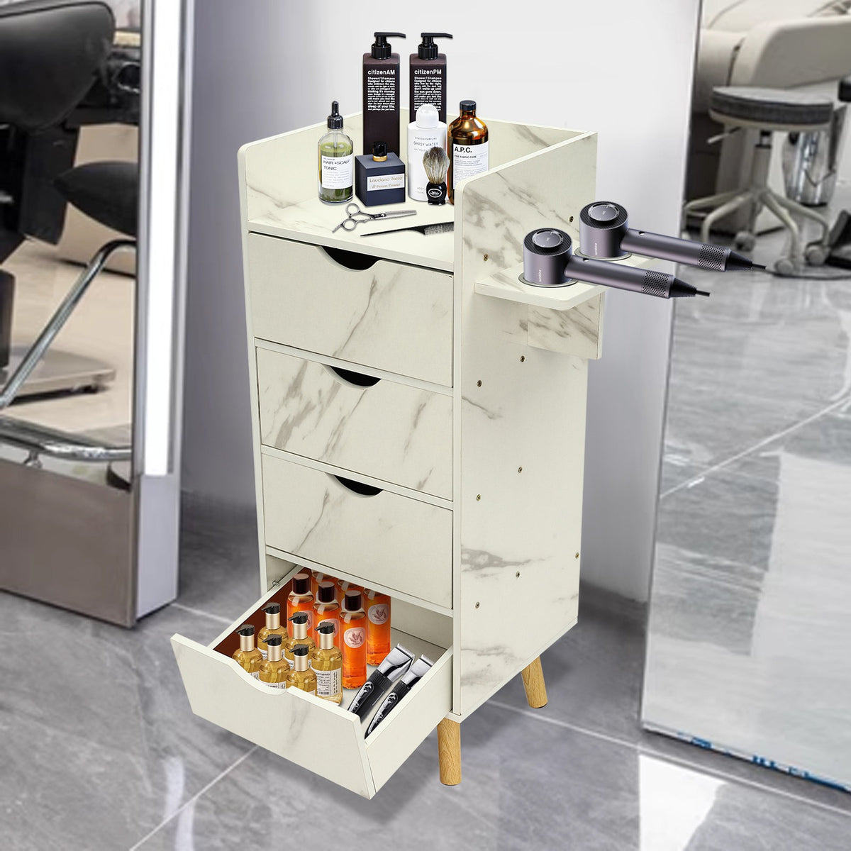 Salon Storage Cabinet with 4 Drawers and Hair Dryer Holders - Modern Style
