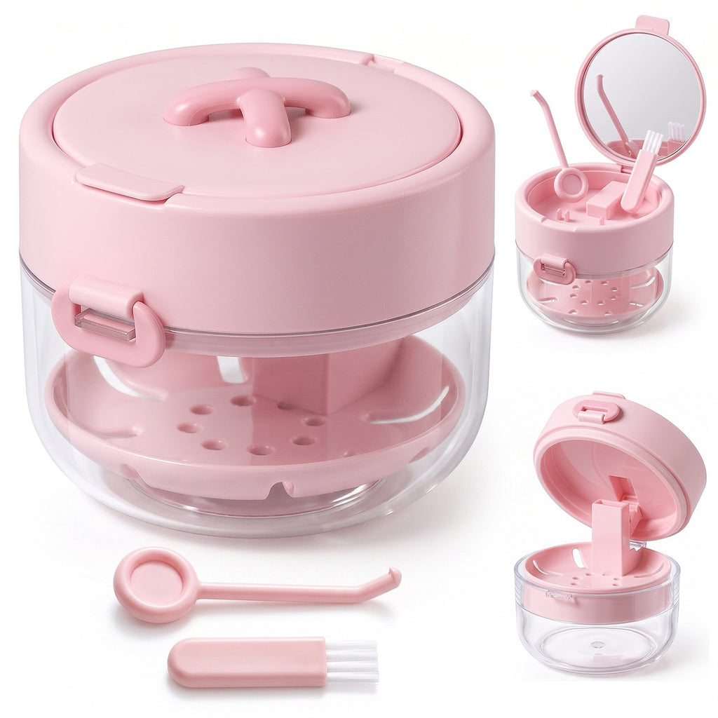 Denture and Retainer Cleaning Case with Auto-Lifting Strainer, Mirror & Brush