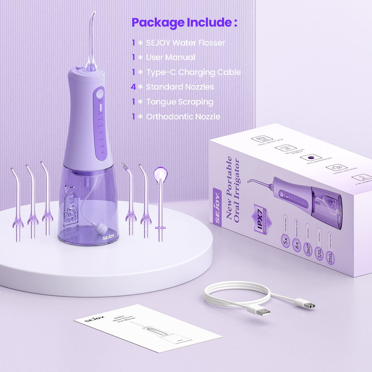 Cordless Water Flosser for Teeth Deep Cleaning Oral Irrigator with 6 Jet Tips