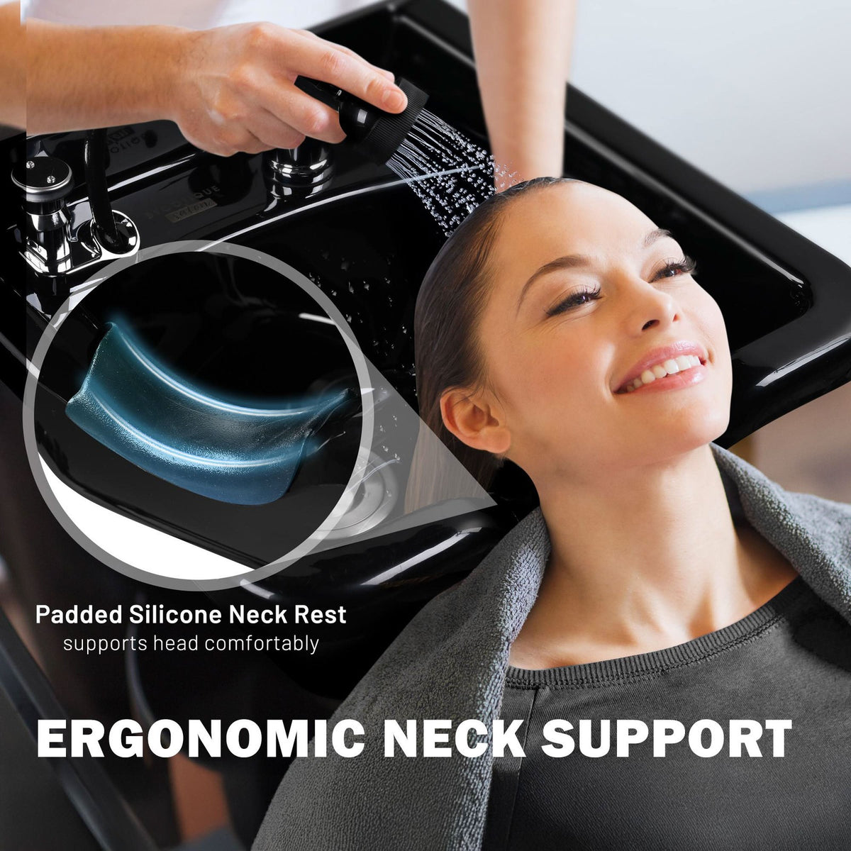 Salon Shampoo Bowl with Neck Rest and Extendable Sprayer for Hair Washing