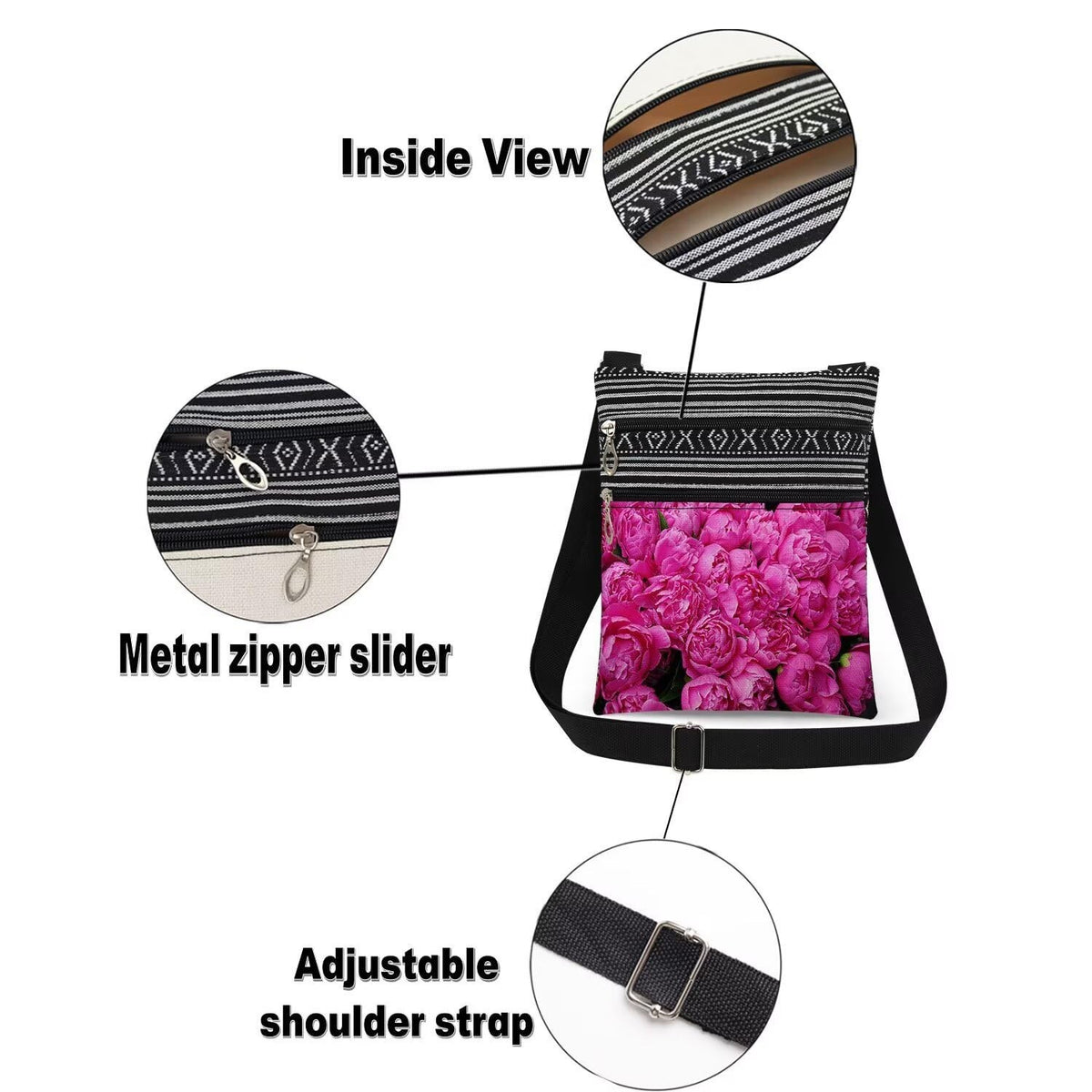 Pink Floral Crossbody Bag with Adjustable Shoulder Strap for Women & Teens