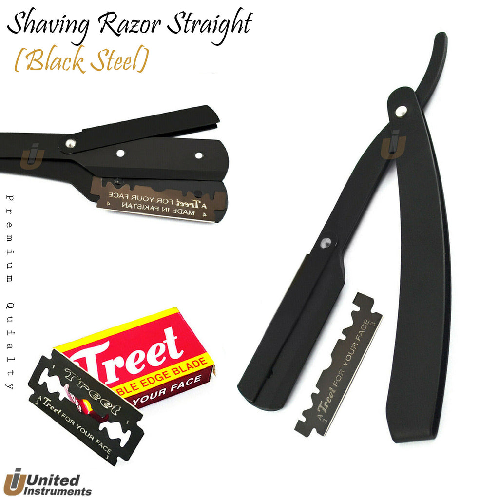 Professional Barber Shaving Razor Kit with 10 Blades - Black Steel, Folding