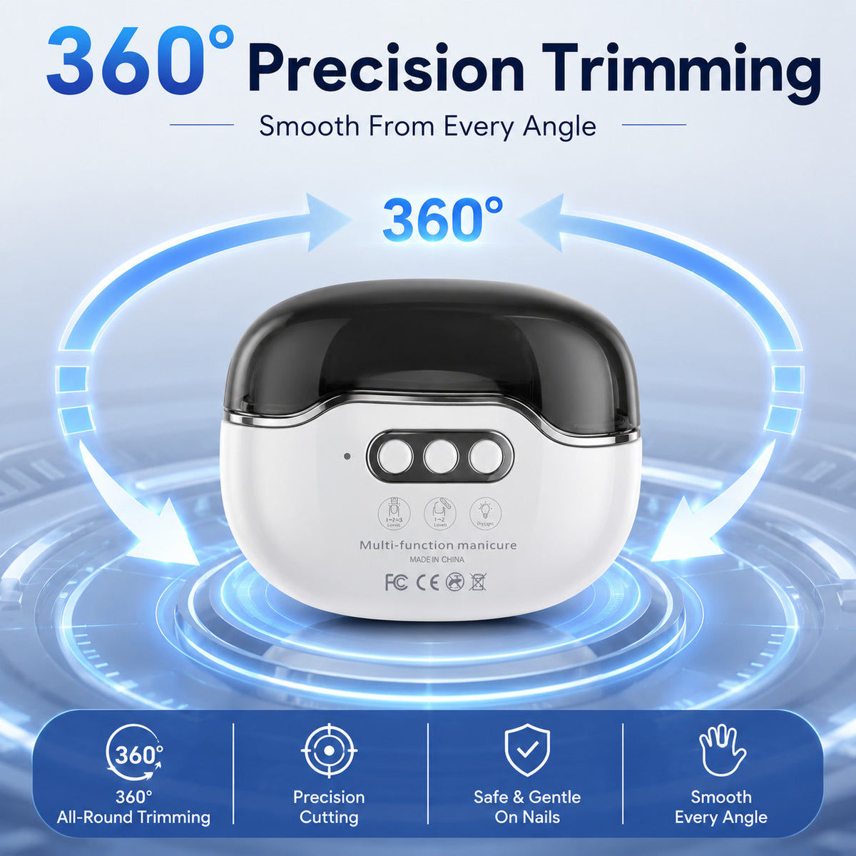 Electric Nail Clipper 3-in-1 USB Rechargeable Auto Nail Trimmer with LED Light