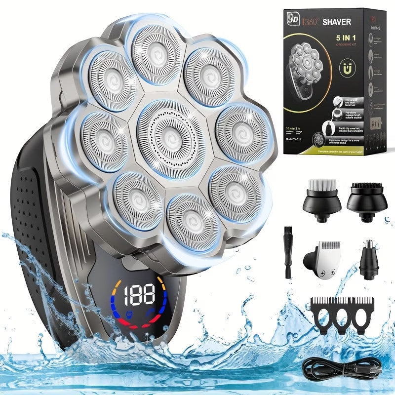 Men's Electric Head Shaver Wet & Dry Grooming Kit Bald Razor with Multiple Attachments