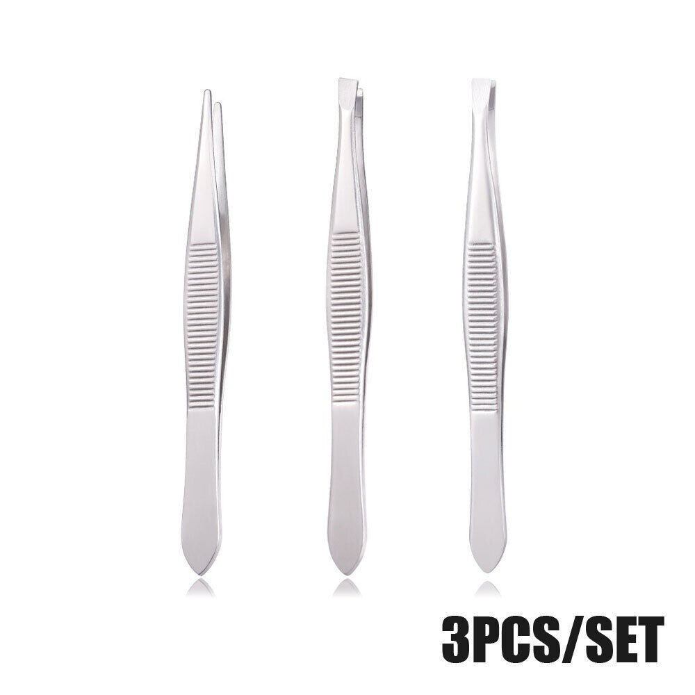3-Piece Stainless Steel Eyebrow Tweezer Set - Precision Slant, Flat & Pointed Tips