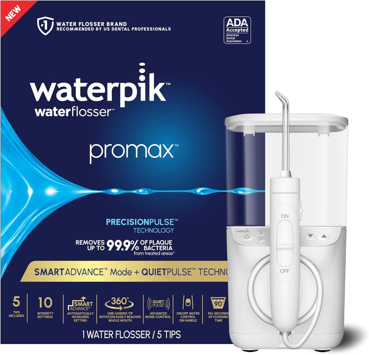 Waterpik Promax Water Flosser with 10 Pressure Settings and 5 Tips - ADA Accepted