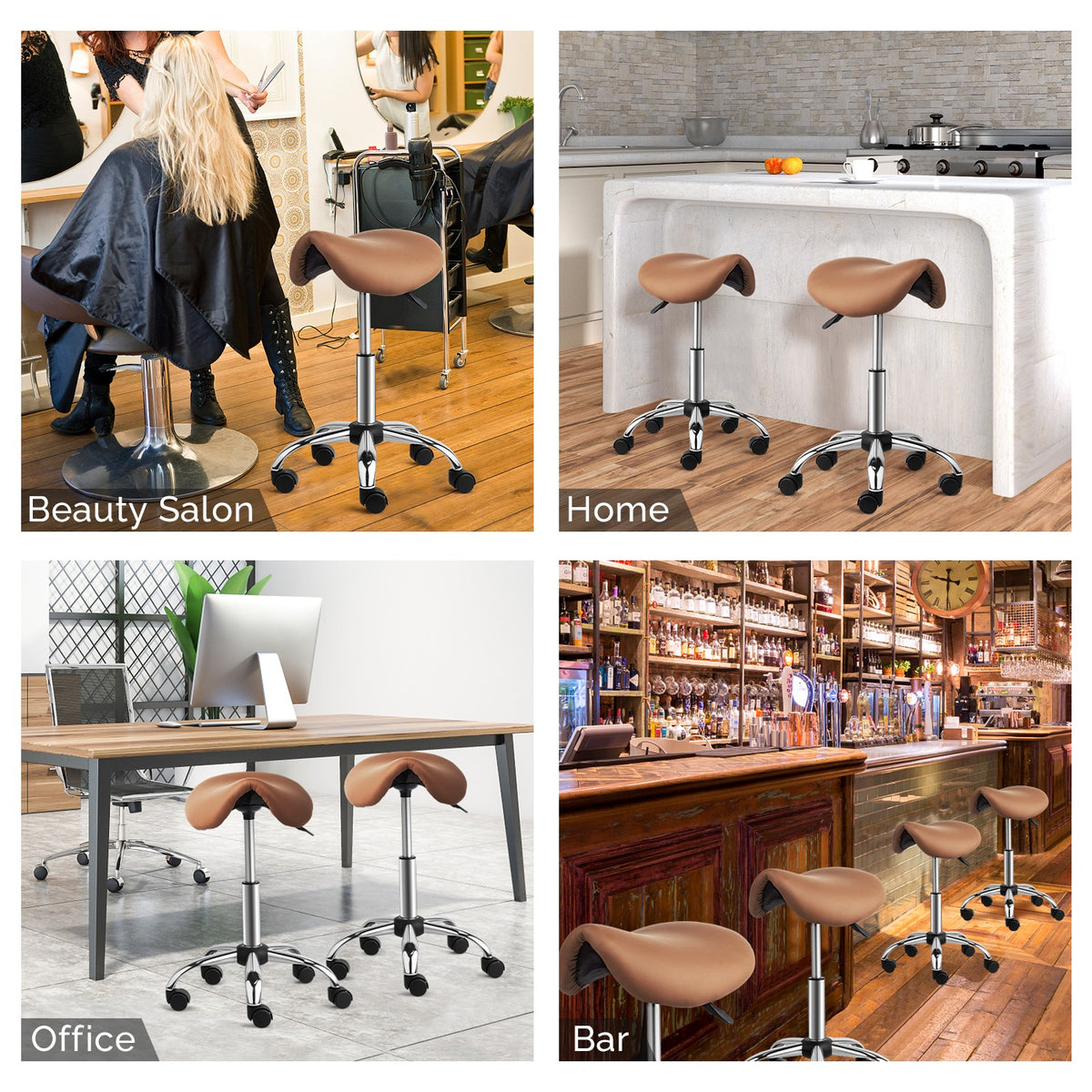 Height Adjustable Saddle Stool with Casters - Ergonomic PU Leather Office Chair