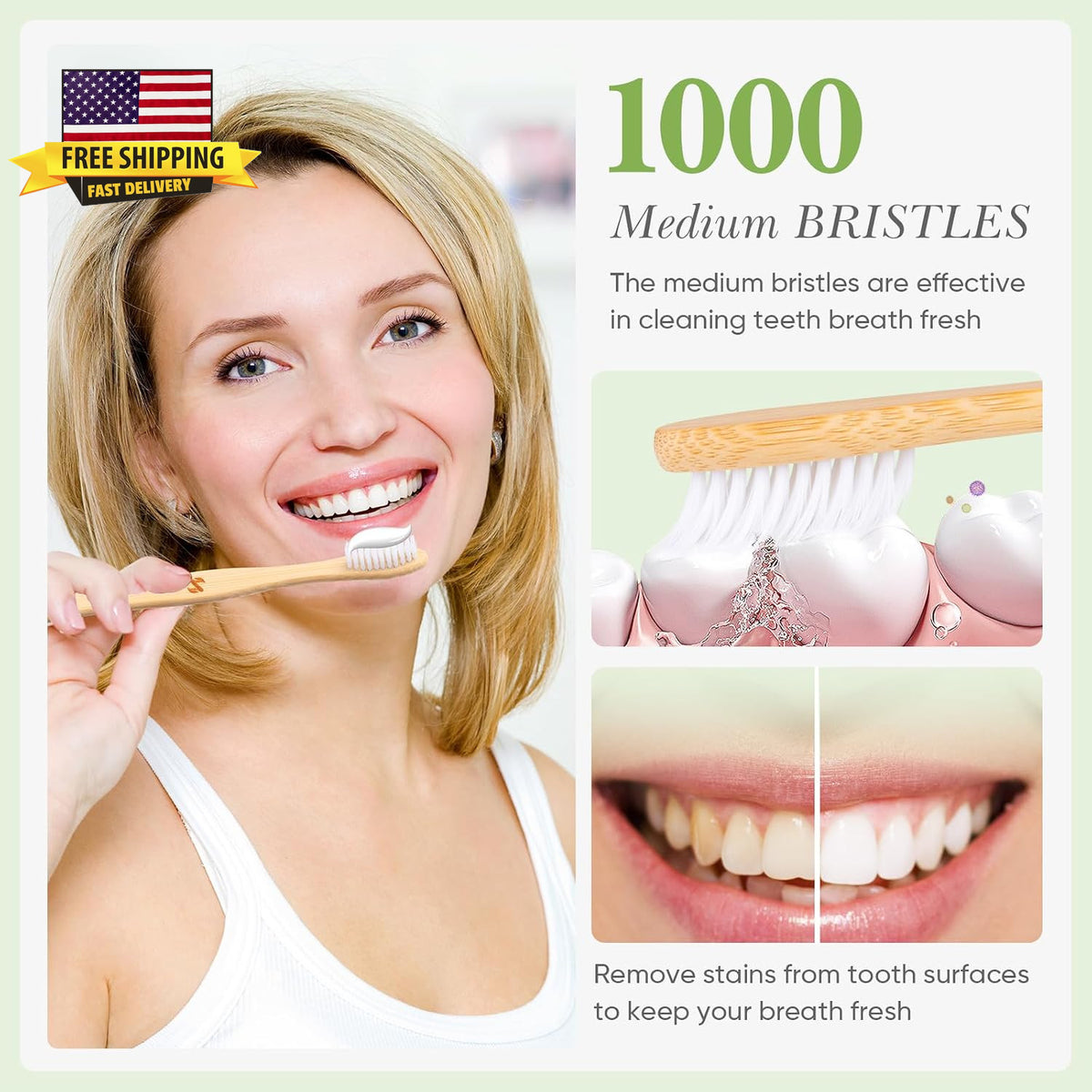 10 Pack Eco-Friendly Bamboo Toothbrushes with Medium BPA-Free Bristles