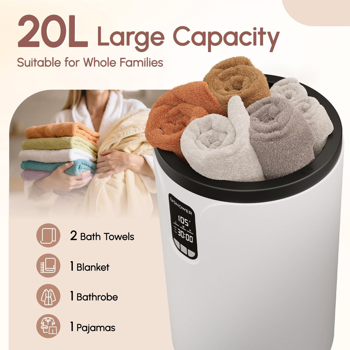 Electric Towel Warmer Bucket with LCD Display 20L Fast Heating & Auto Shut-Off
