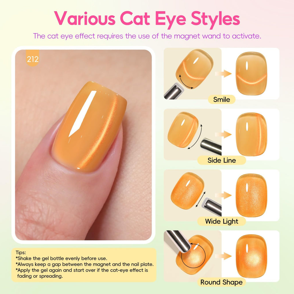 Gel Nail Polish Set with Cat Eye Effect - 6 Vibrant Colors, Long-Lasting, Magnetic Finish