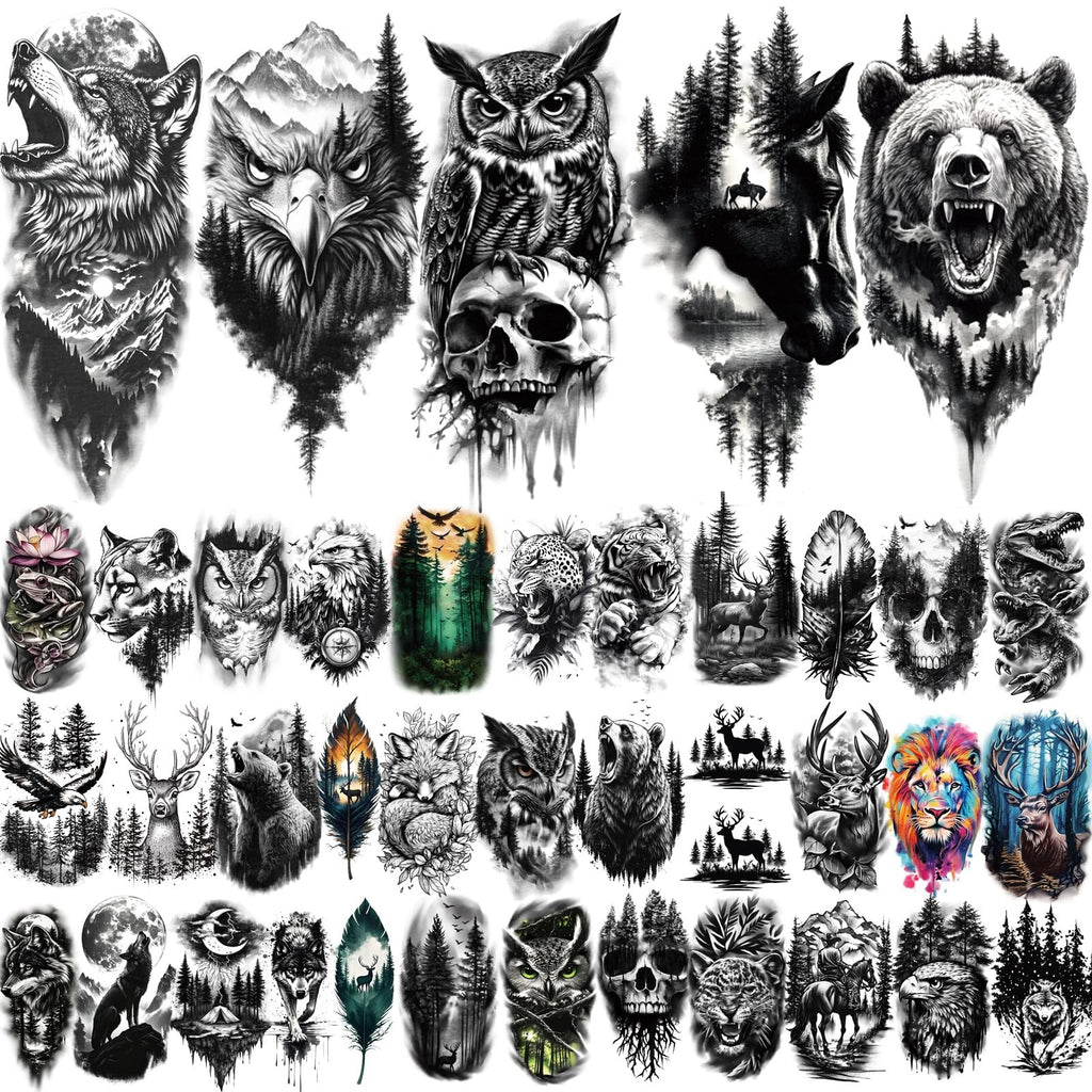 Forest Animals Temporary Tattoos for Women – 77 Sheets, Small & Large Size Sets