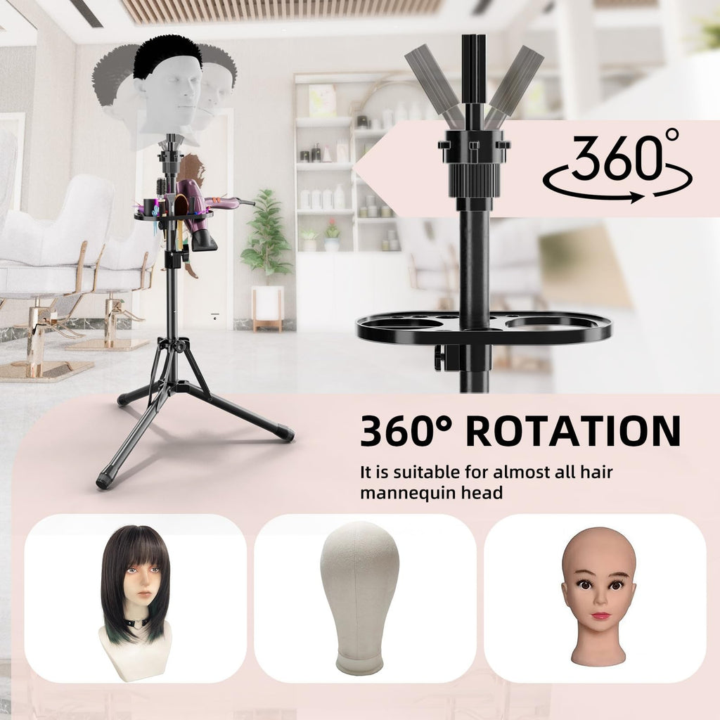 Adjustable Wig Head Stand Tripod with Tool Tray - Mannequin & Salon Use