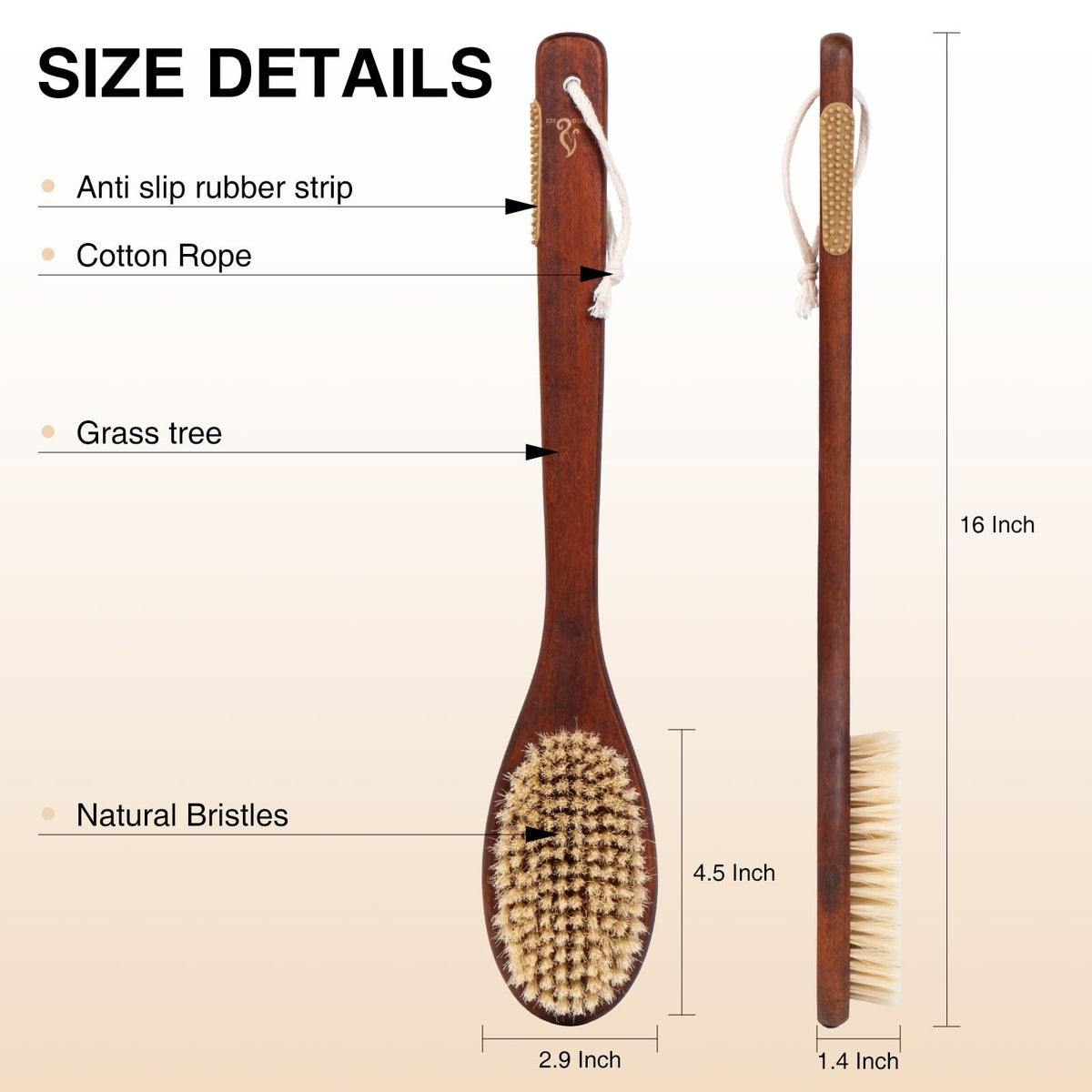 Wooden Bath Brush with Stiff Sisal Bristles Long Handle for Shower Back Scrubber