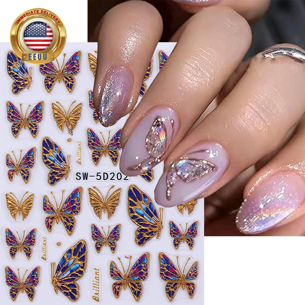 Butterfly Nail Art Stickers Set - 2 Sheets 3D Gold & Purple Decals for Manicure