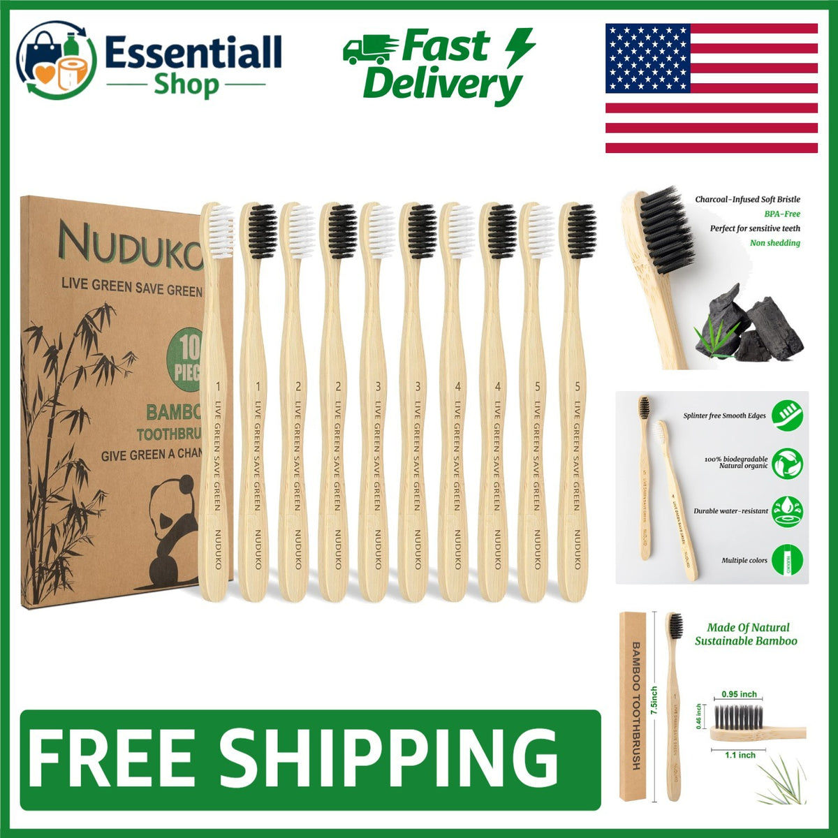 Eco-Friendly Bamboo Toothbrushes Pack of 10 with Charcoal Soft Bristles