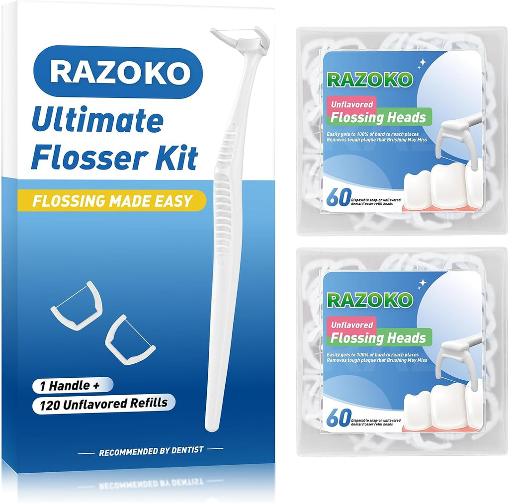 Dental Flosser Kit with Handle and 120 Refill Heads - Easy Access, Ergonomic Design