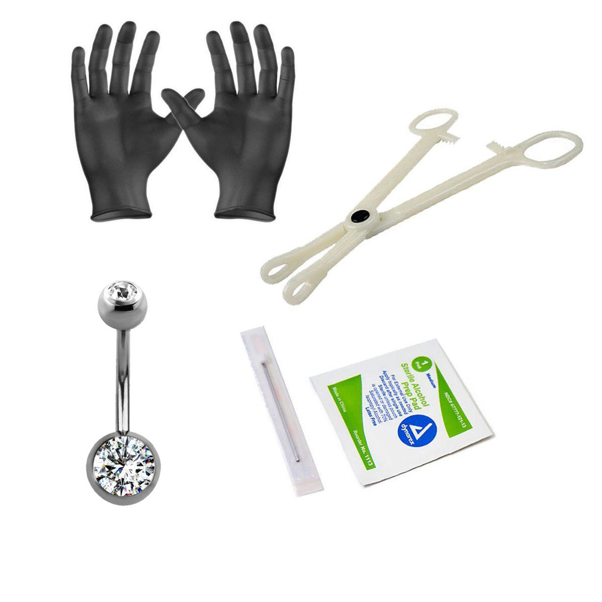 Sterilized Titanium Piercing Kit with 14G Belly Ring, Forceps, Needles & Gloves