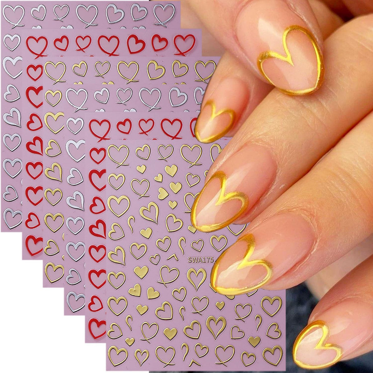 Heart Nail Stickers for Nail Art, 6 Sheets Valentine 3D Self-Adhesive Decals