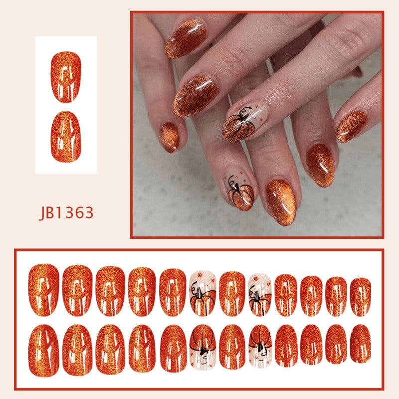 72Pcs Short Almond Fake Nails with Halloween Pumpkin Orange Glitter