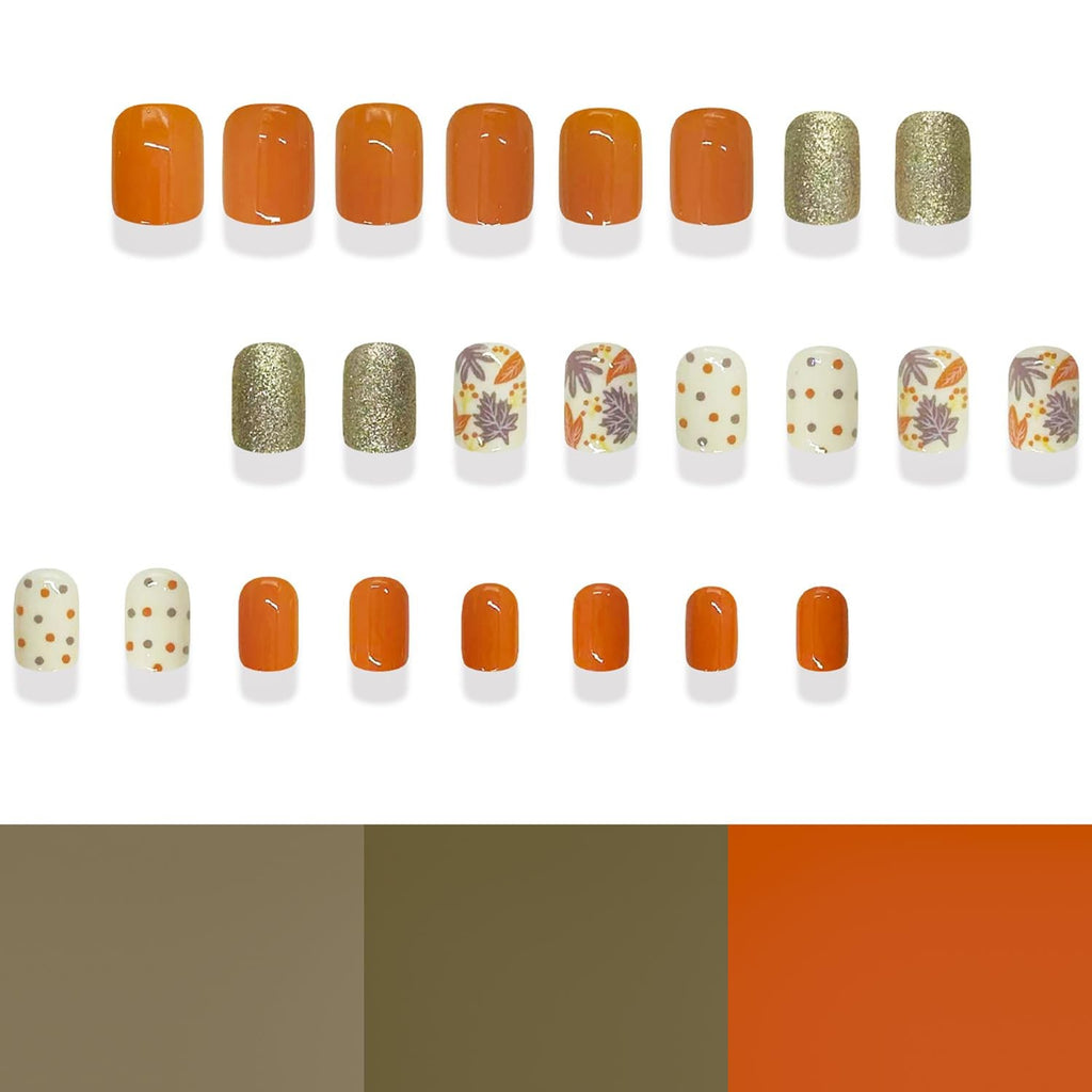 24Pcs Fall Short Square Press On Nails with Gold & Multicolor Glitter