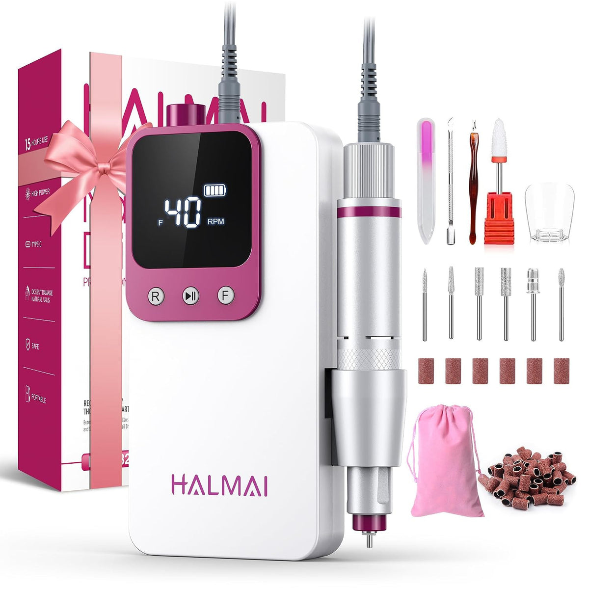 Professional Electric Nail Drill Kit 40000RPM Cordless Rechargeable Portable Nail File for Acrylic & Gel Nails