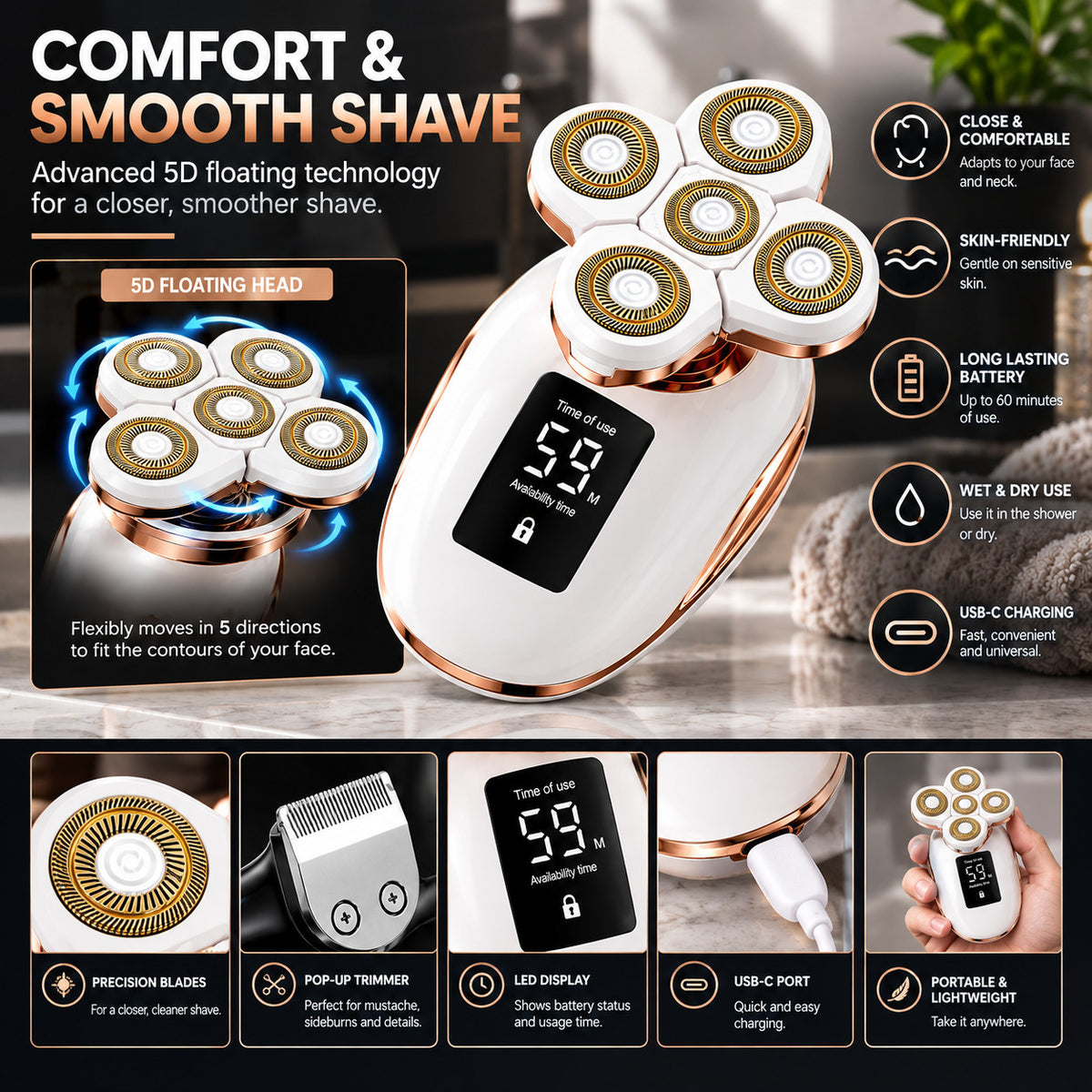 Women’s 2-in-1 Rechargeable Wet Dry Electric Razor with Precision Trimmer
