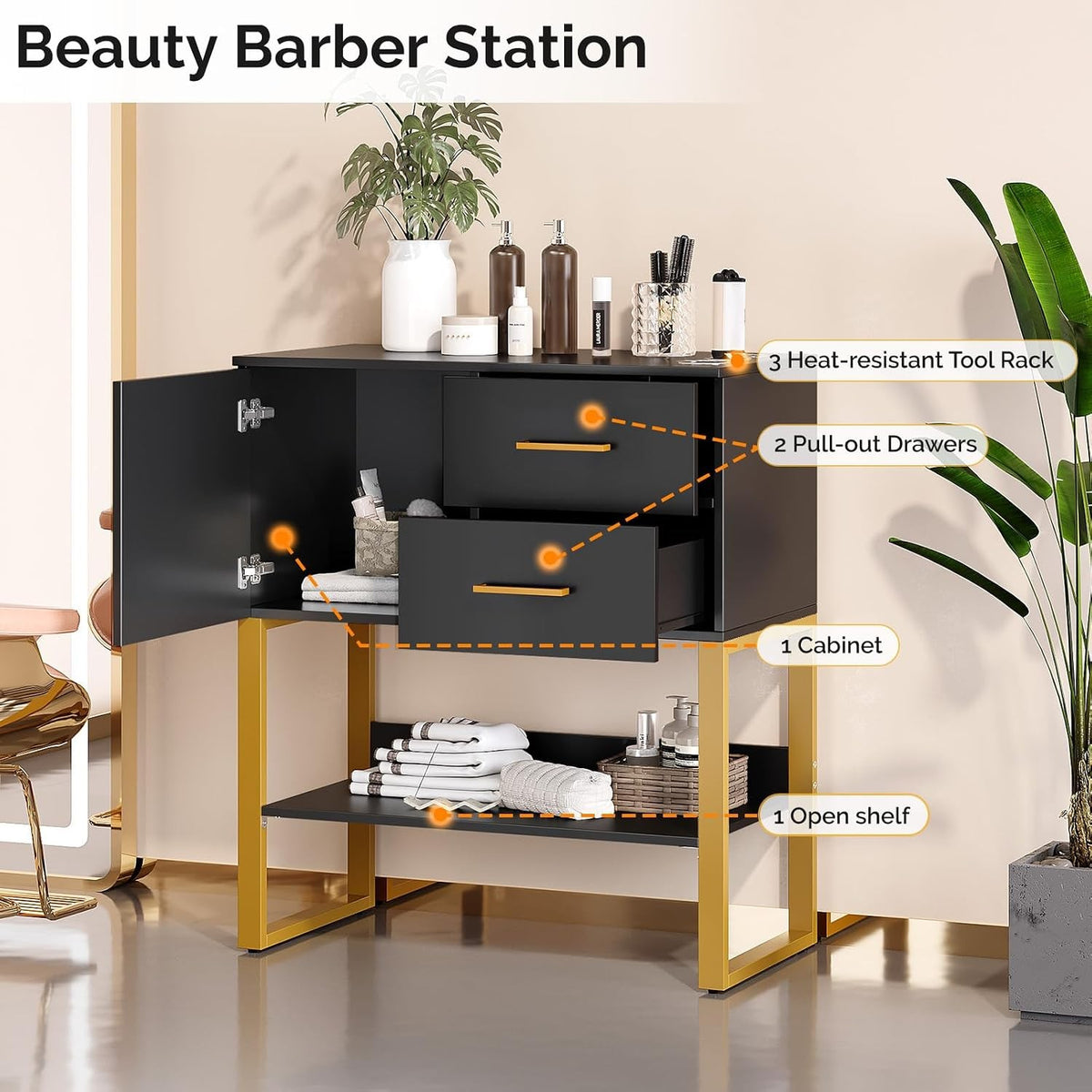 Freestanding Salon Cabinet with 3 Tool Racks for Hairdryers & Curling Irons