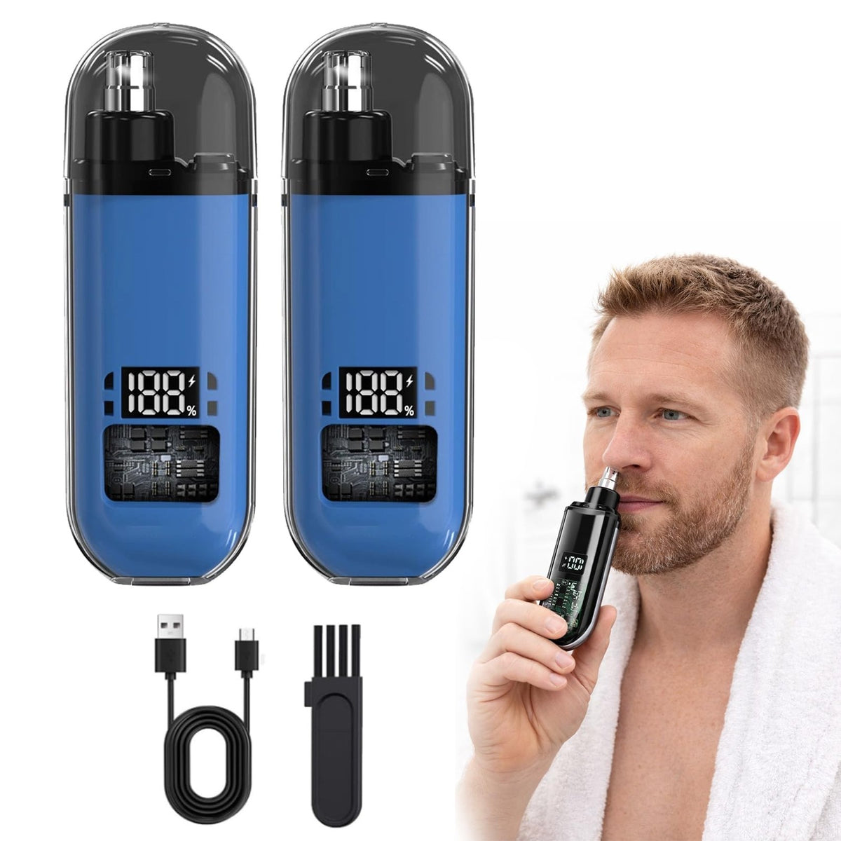 2-in-1 USB Rechargeable Nose & Ear Hair Trimmer with LED Display – Waterproof & Compact