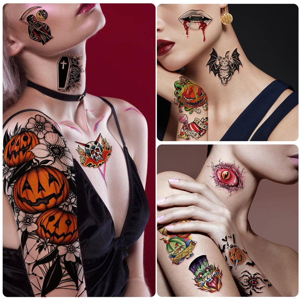 Halloween Temporary Tattoos Set - 40 Sheets Large Pumpkin Witch Designs
