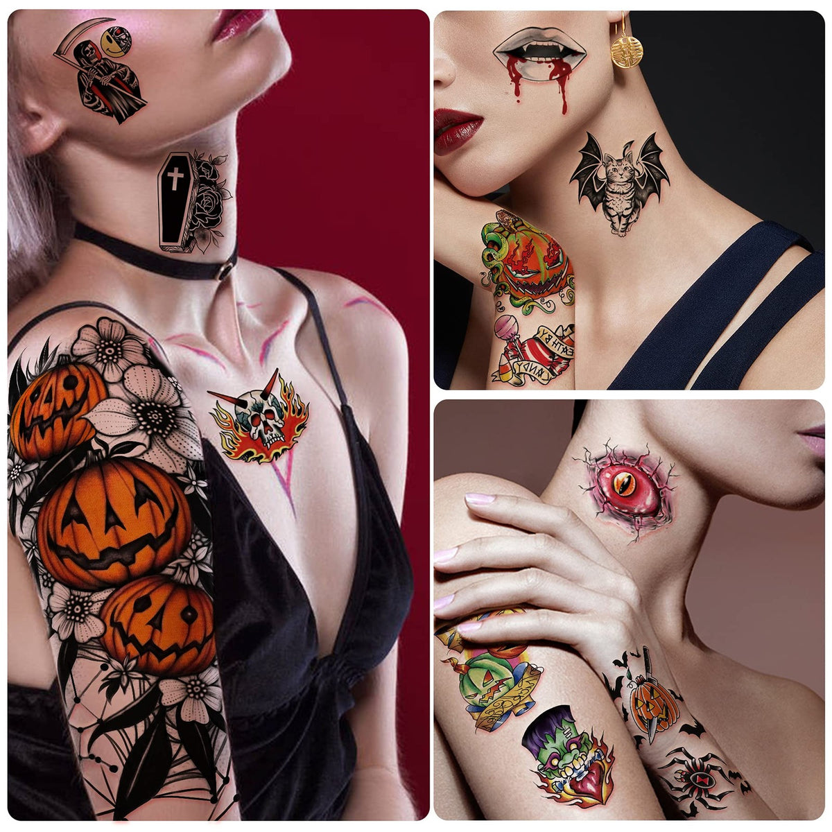 Halloween Temporary Tattoos Set - 40 Sheets Large Pumpkin Witch Designs