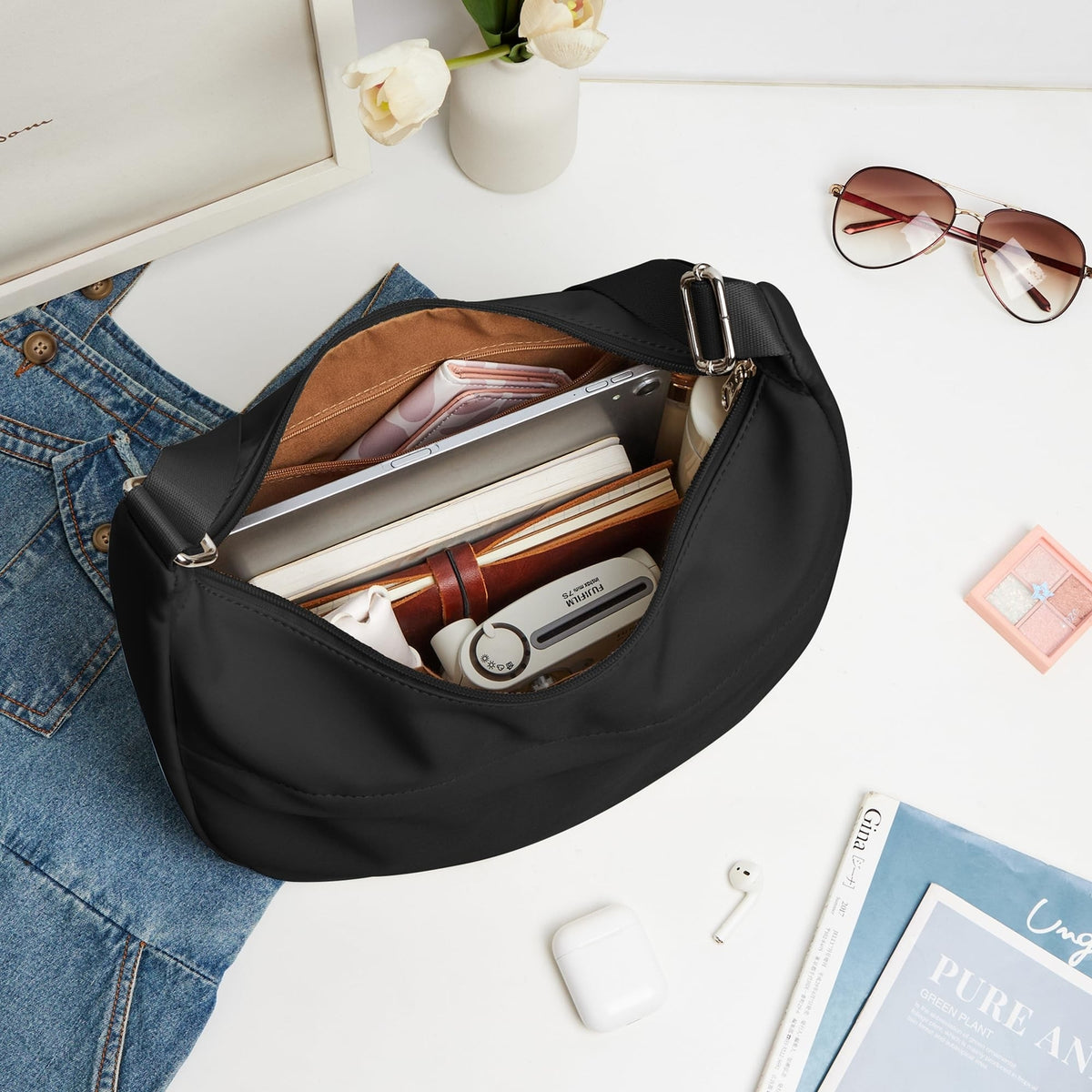 Medium Nylon Crescent Shoulder Bag - Unisex Crossbody Purse with External Pocket