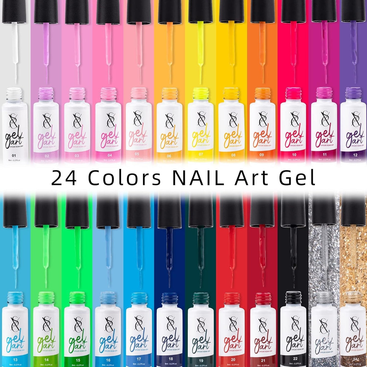 24-Color Gel Nail Art Liner Set with Brush - Precision, Vibrant Colors