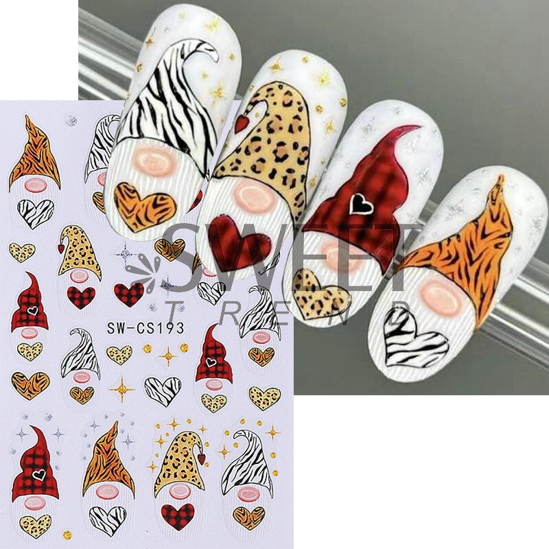 2Pcs Leopard Christmas Gnome Nail Art Stickers Self-Adhesive Decals