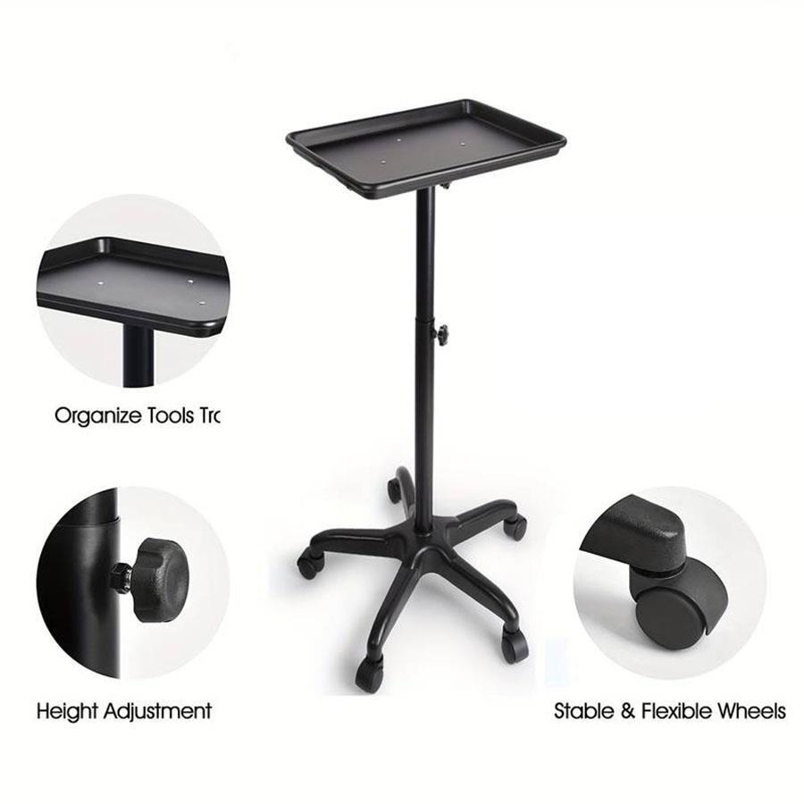 Black Metal Salon Rolling Tray with Adjustable Height & Casters