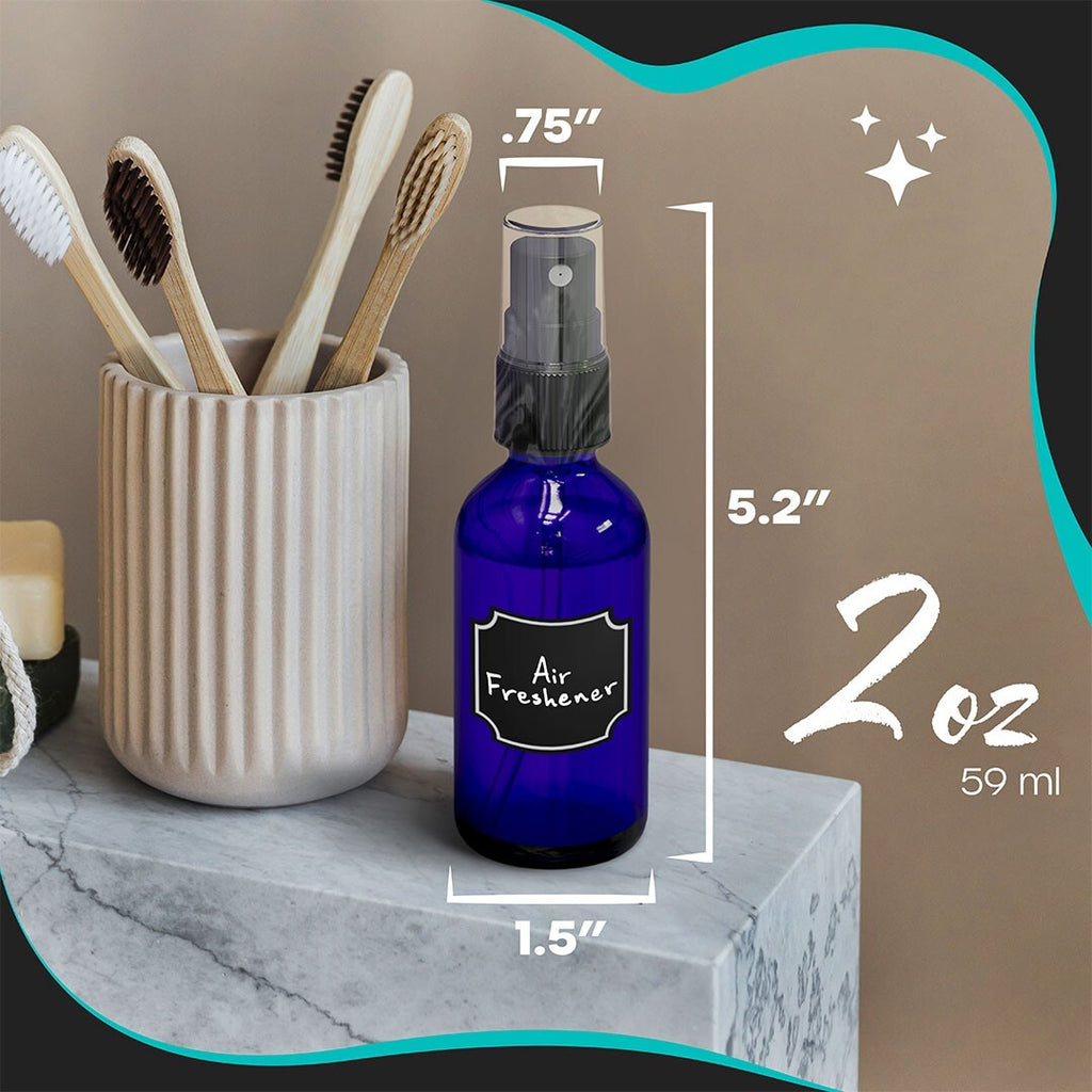 2 oz Cobalt Blue Glass Spray Bottles Set of 48 with Funnel & Labels