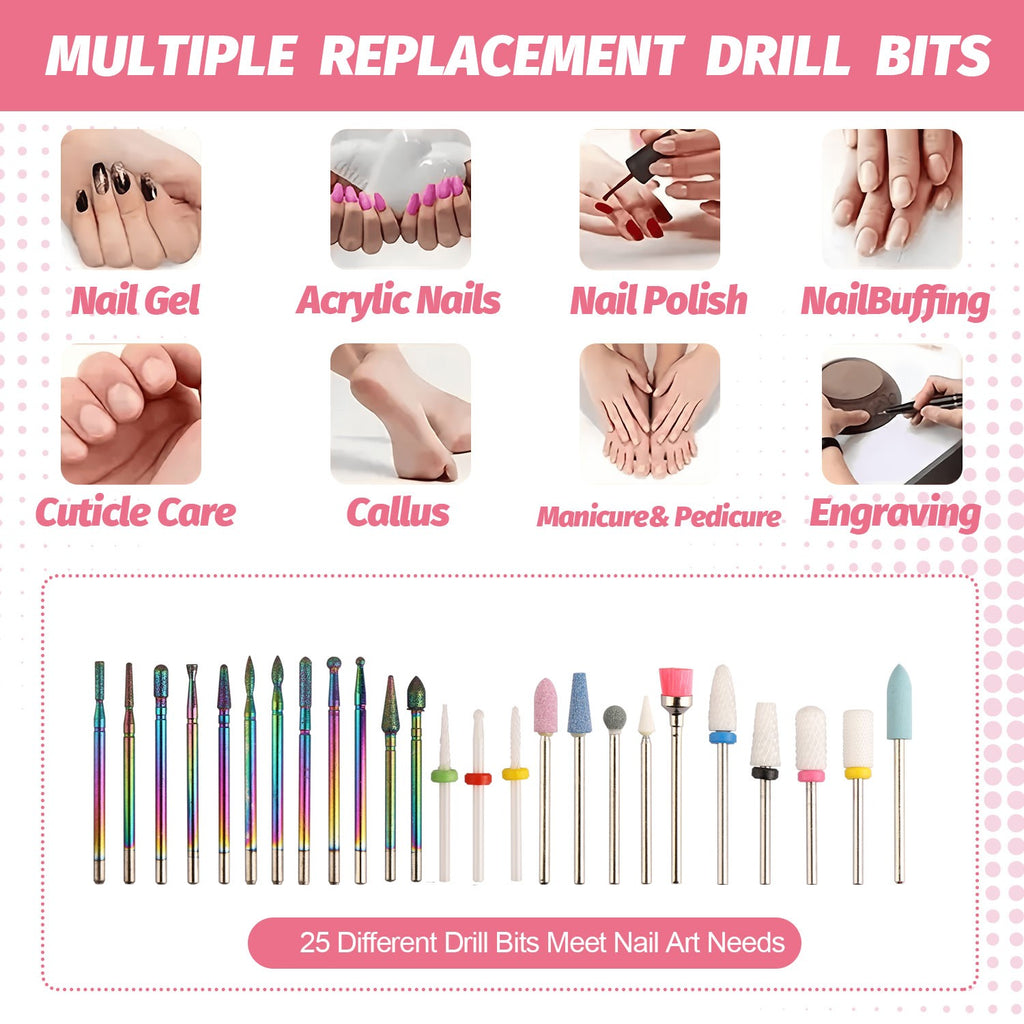 25Pcs Nail Drill Bit Set with Storage Box - Ceramic, Diamond, Carbide for Manicure & Pedicure