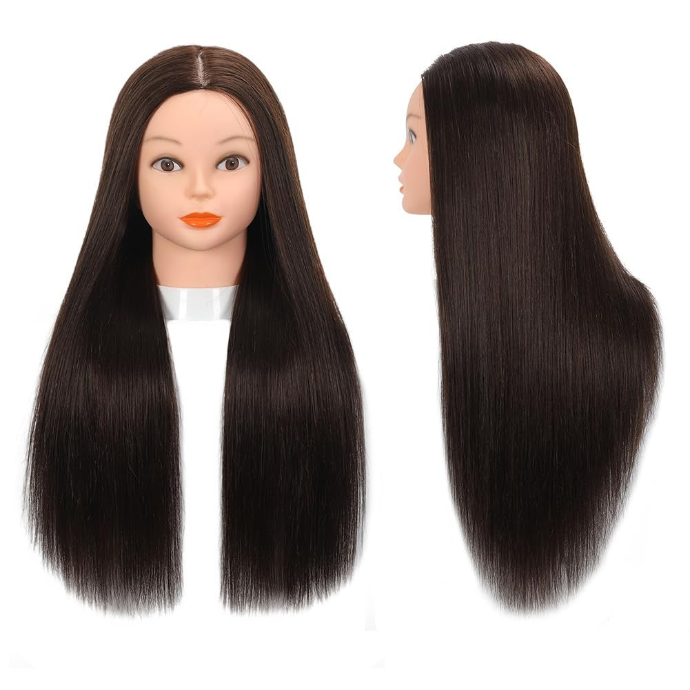 Human Hair Mannequin Head for Hair Styling Practice, Dark Brown, 26-28 Inch