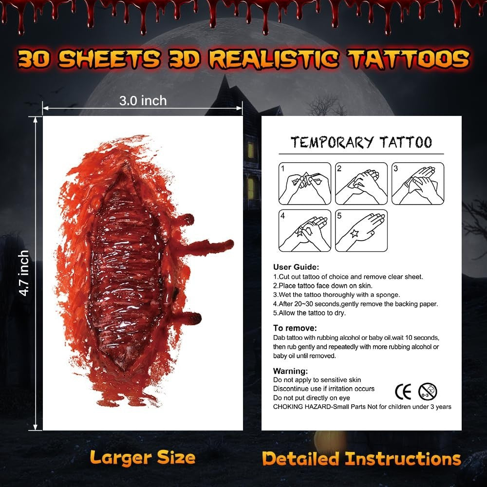 30 Sheets Waterproof Halloween Scar Tattoos – Fake Wound, Stitch & Bite Mark SFX Makeup