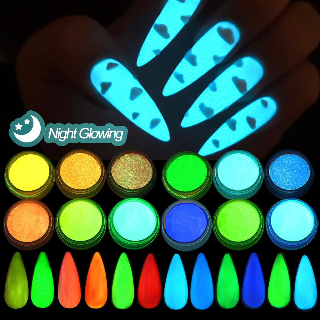Glow in The Dark Pigment Powder for Nails and Art - 12 Colors Luminous Iridescent Acrylic Nail Powder