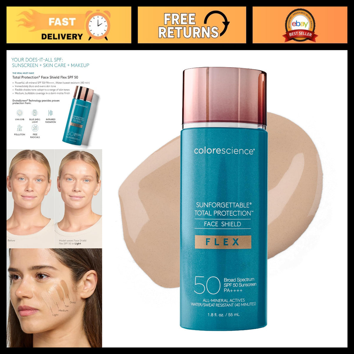 Mineral SPF 50 Face Shield - Broad Spectrum Sun Protection, Water-Resistant, Color-Adapting