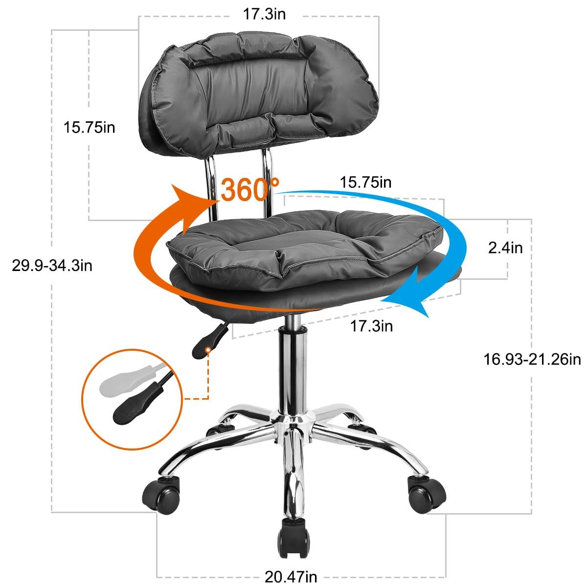 Adjustable Rolling Stool with Backrest and Thick Seat Padding - Heavy Duty Grey