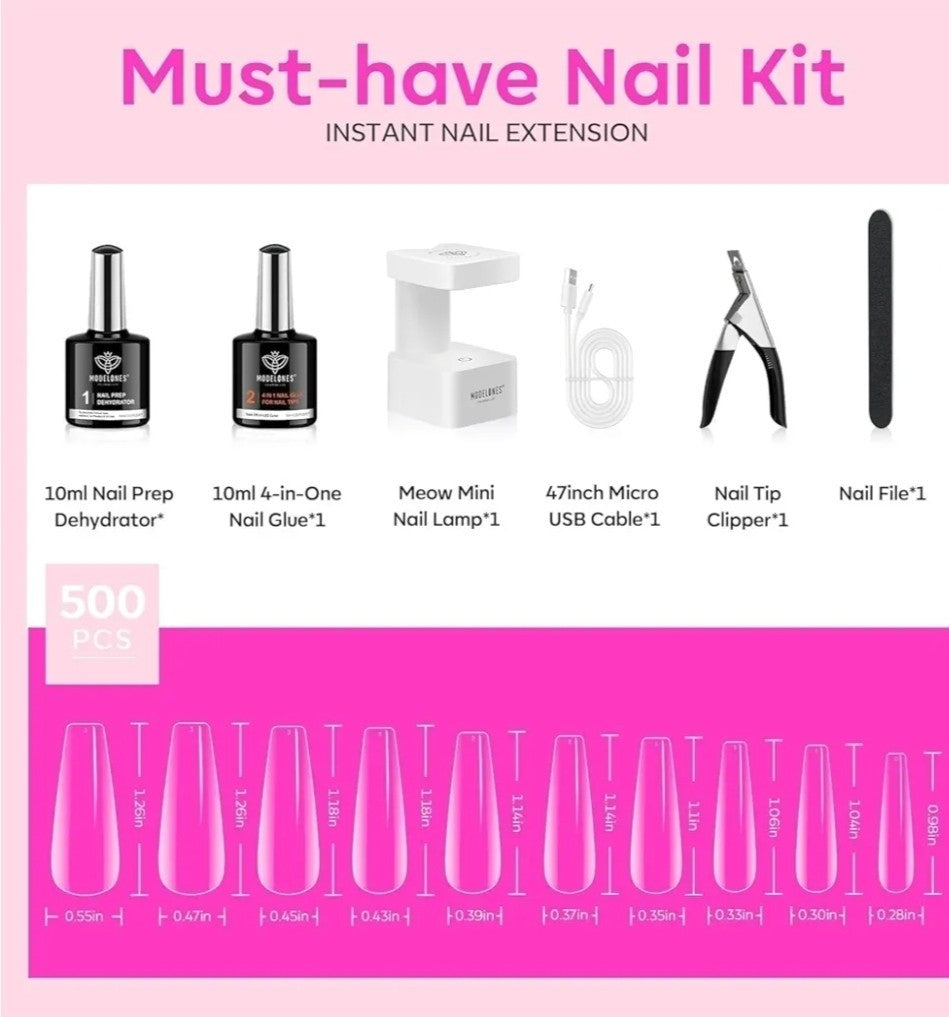 Gel Nail Kit with Long Coffin Tips & 9-in-1 Nail Glue - Home Salon DIY