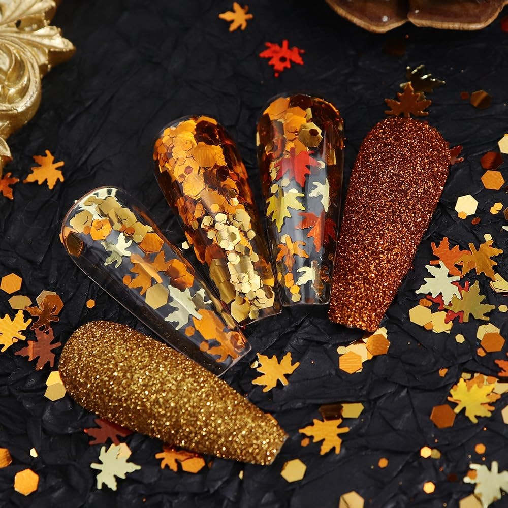 Fall Leaves Nail Art Glitter Set - 6 Boxes Gold Red Yellow Sequins for Nails