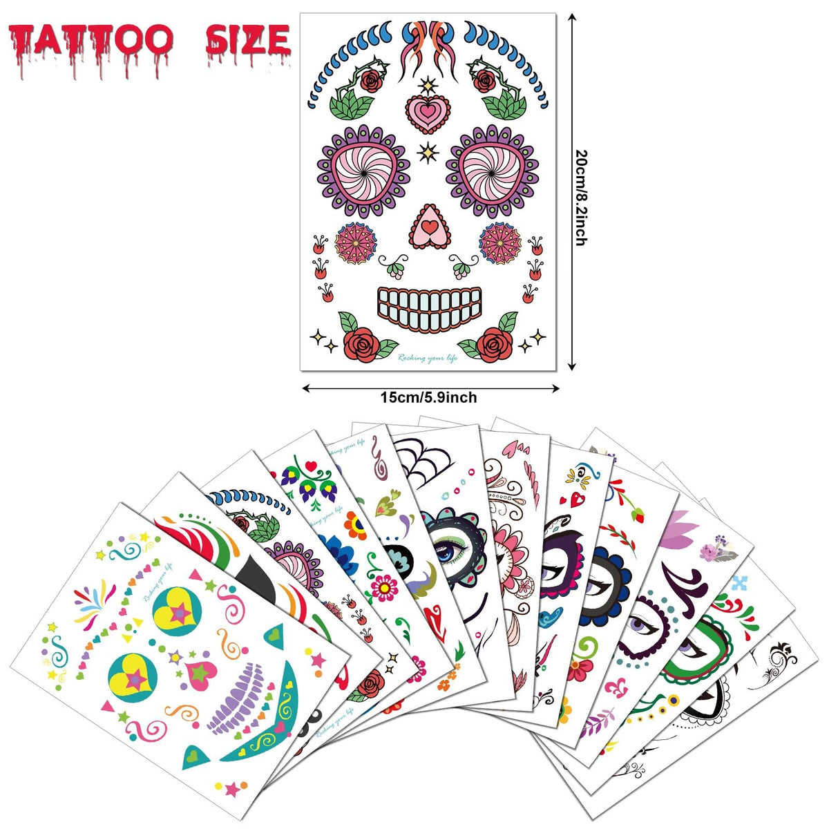 12-Pack Day of the Dead Skull Face Temporary Tattoos Kit for Halloween