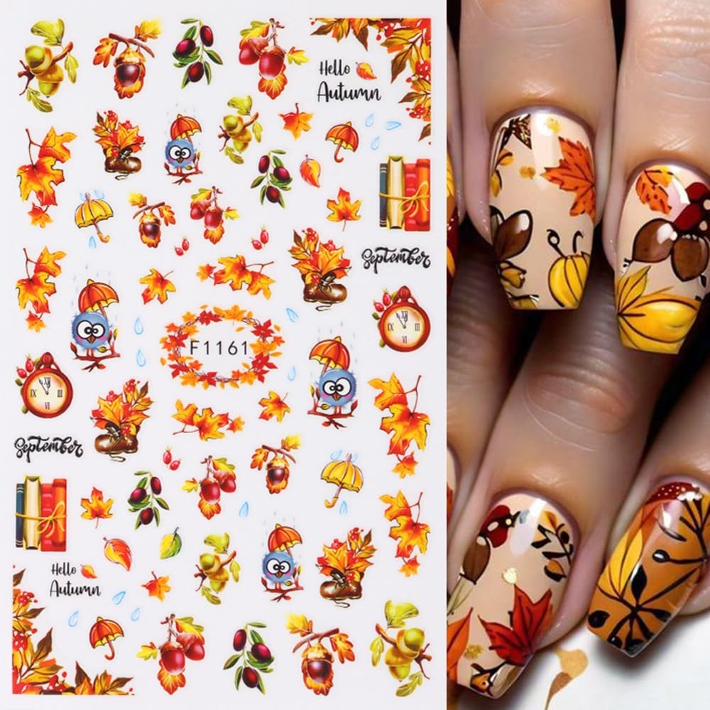 Fall Nail Art Stickers - Autumn Maple Leaf 3D Self-Adhesive Nail Decals, 6 Sheets