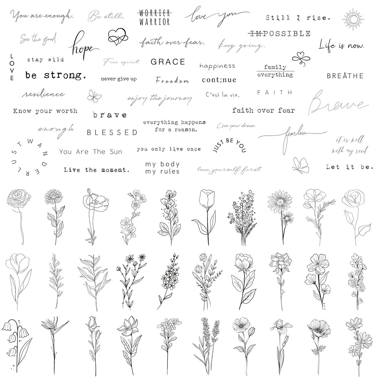 Realistic Temporary Tattoos Set - 60 Sheets, 30 Quotes & 30 Floral Designs, Water-Resistant & Long-Lasting