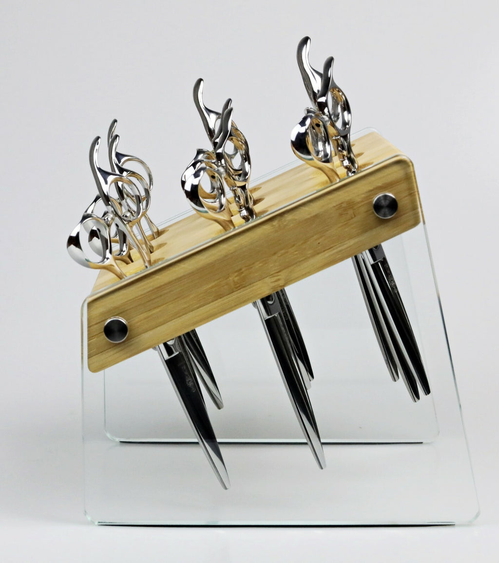 Salon Hair Shears Holder Bamboo Glass Organizer for Barber & Stylist Stations