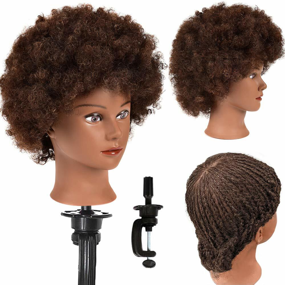 Human Hair Mannequin Head for Hair Styling Training Afro Curl Brown